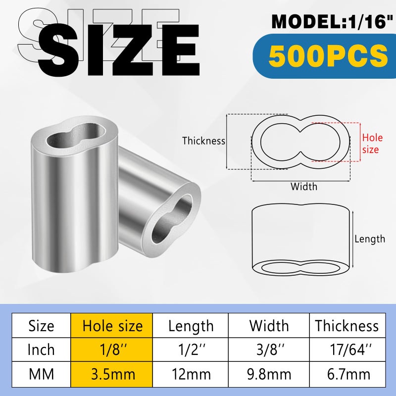 Yaocom 500 Pcs 1/16"" Aluminum Crimping Loop Sleeve Cable Crimp Ferrules Wire Rope Sleeves for 1/16"" Diameter Wire Rope and Cable Line Ends - Image 2